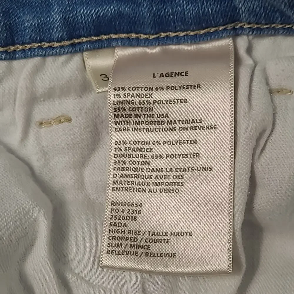 L'Agence Sada High Rise Cropped Slim Straight Leg Jeans in Bellevue Wash size 31